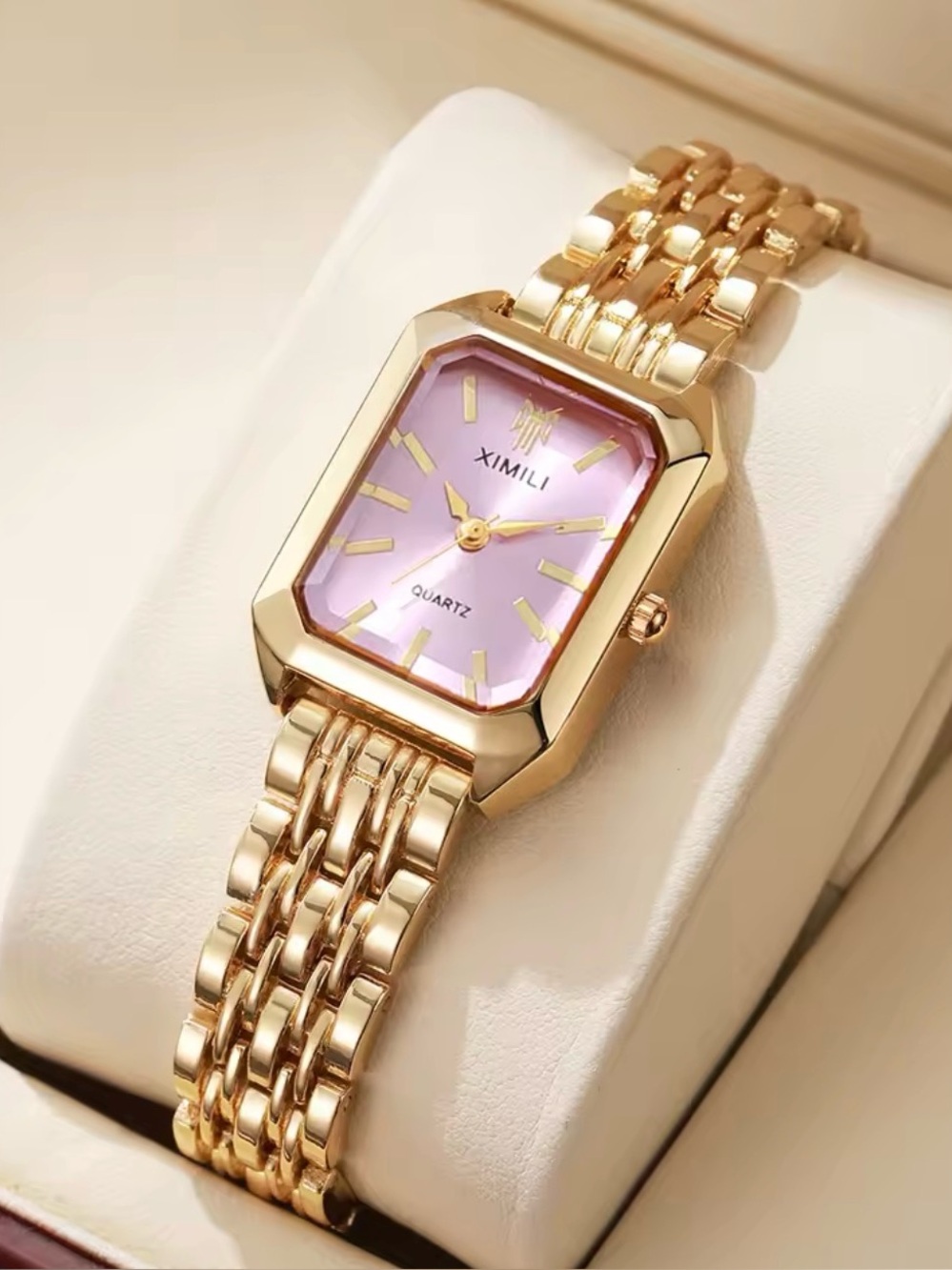 Gold Link Bracelet Watch with Pink Dial